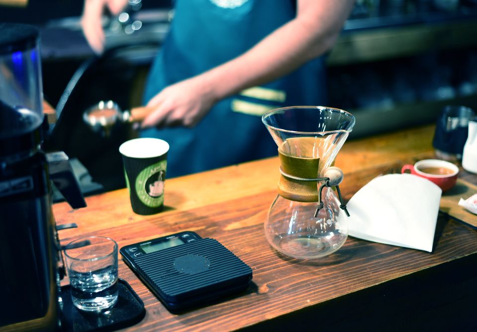 The cafe counter with stools alongside